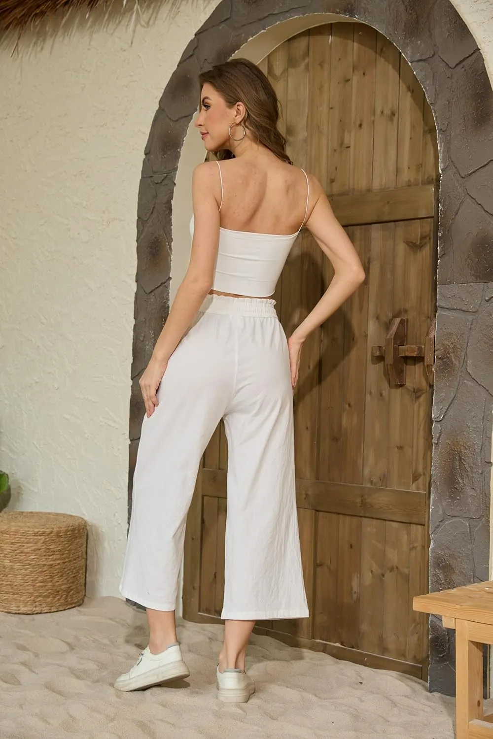 Womens Linen Pants Wide Leg High Waisted Drawstring Casual Loose Beach Pants with Pockets