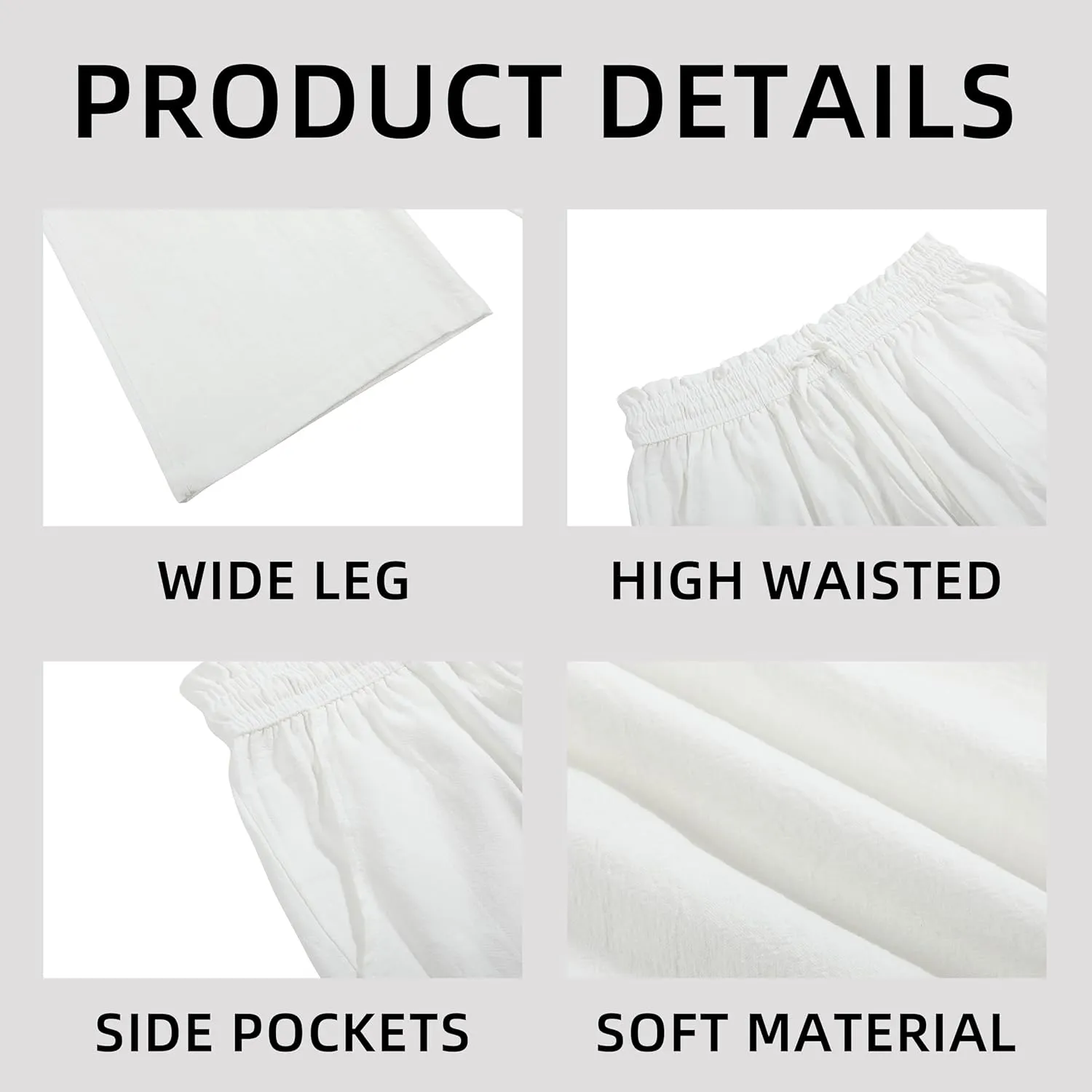 Womens Linen Pants Wide Leg High Waisted Drawstring Casual Loose Beach Pants with Pockets