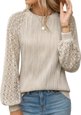 Womens Long Sleeve Textured Shirts Lace Tops Dressy Business Casual Blouses Trendy Outfits 2025