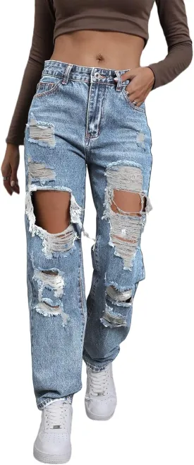 Women's Pink Ripped High Waisted Jeans - Distressed Straight Leg Y2K Pants - Size M (Long Inseam)
