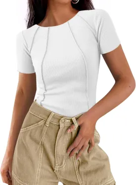 Womens Short Sleeve Tops Ribbed Crewneck Slim Fit T Shirts for Women 2025 Summer Business Casual Basic Tee Top