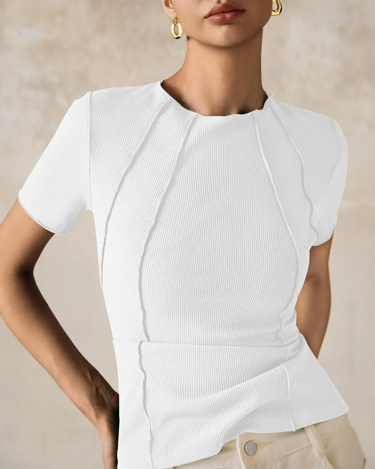 Womens Short Sleeve Tops Ribbed Crewneck Slim Fit T Shirts for Women 2025 Summer Business Casual Basic Tee Top