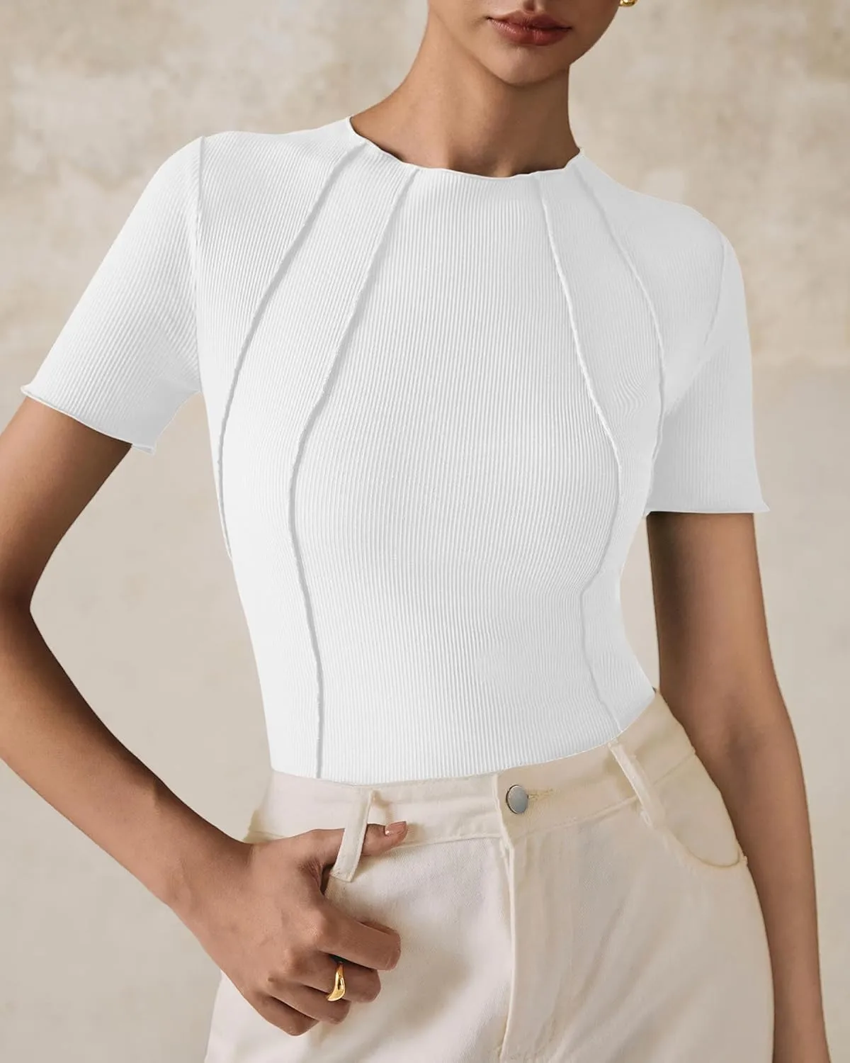 Womens Short Sleeve Tops Ribbed Crewneck Slim Fit T Shirts for Women 2025 Summer Business Casual Basic Tee Top