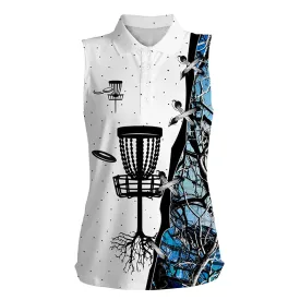 Womens sleeveless disc golf polo shirt, blue camo disc golf hole disc golf team shirt, disc golf gifts