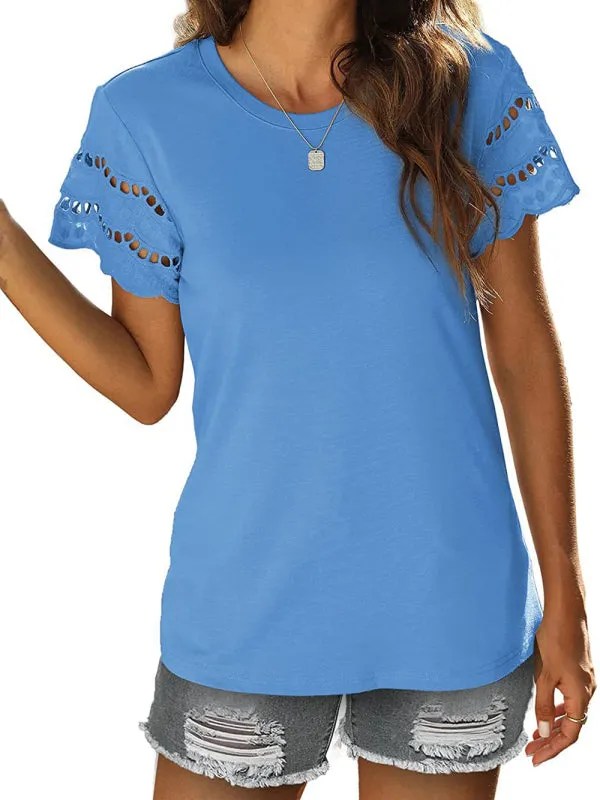 Women's Solid Color Lace Sleeve Knit Top