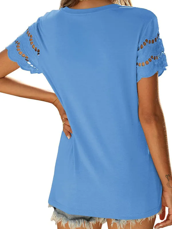 Women's Solid Color Lace Sleeve Knit Top