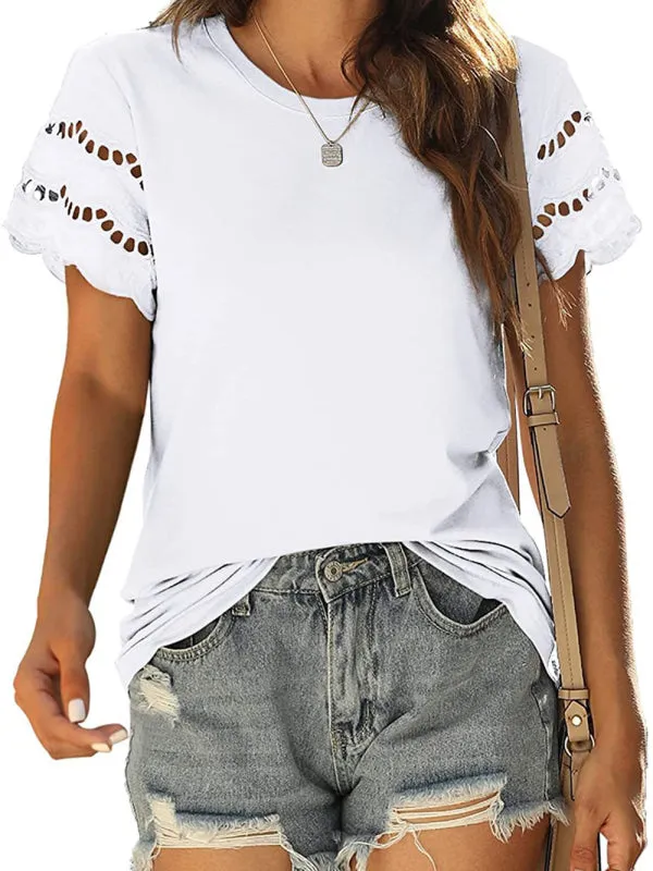 Women's Solid Color Lace Sleeve Knit Top
