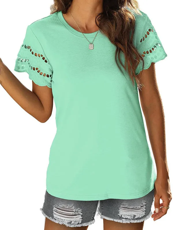 Women's Solid Color Lace Sleeve Knit Top