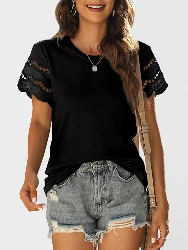 Women's Solid Color Lace Sleeve Knit Top