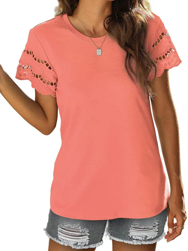 Women's Solid Color Lace Sleeve Knit Top