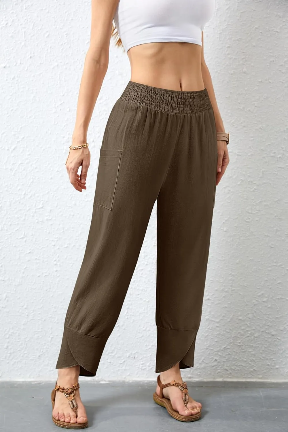 Women's Summer High Waisted Baggy Pants Wide Leg Linen Pants Casual Ankle Length Trouser Slacks with Pockets