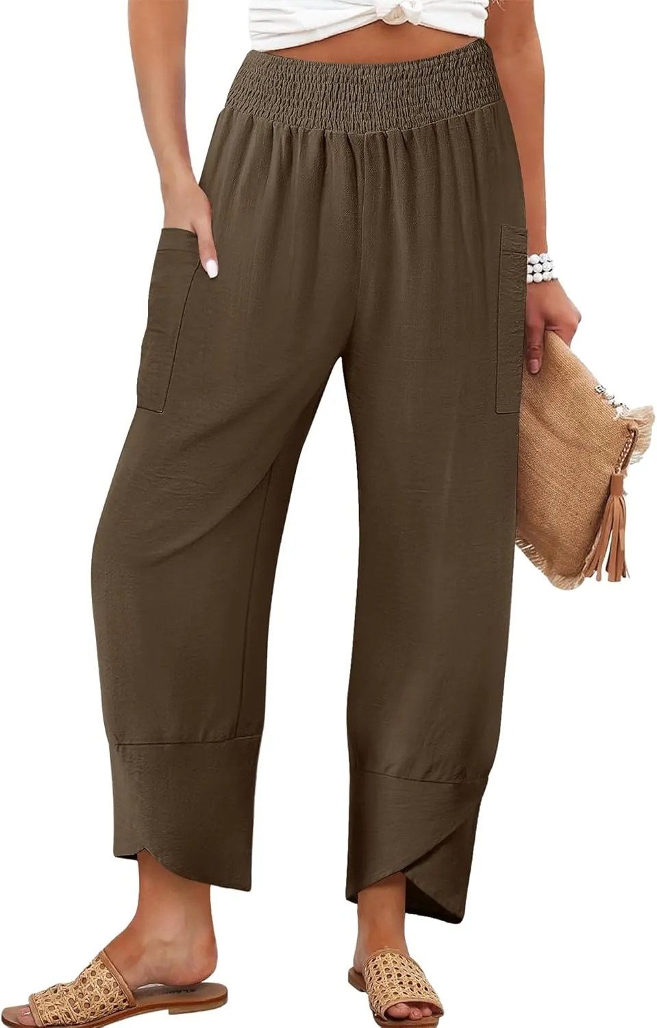 Women's Summer High Waisted Baggy Pants Wide Leg Linen Pants Casual Ankle Length Trouser Slacks with Pockets