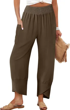 Women's Summer High Waisted Baggy Pants Wide Leg Linen Pants Casual Ankle Length Trouser Slacks with Pockets