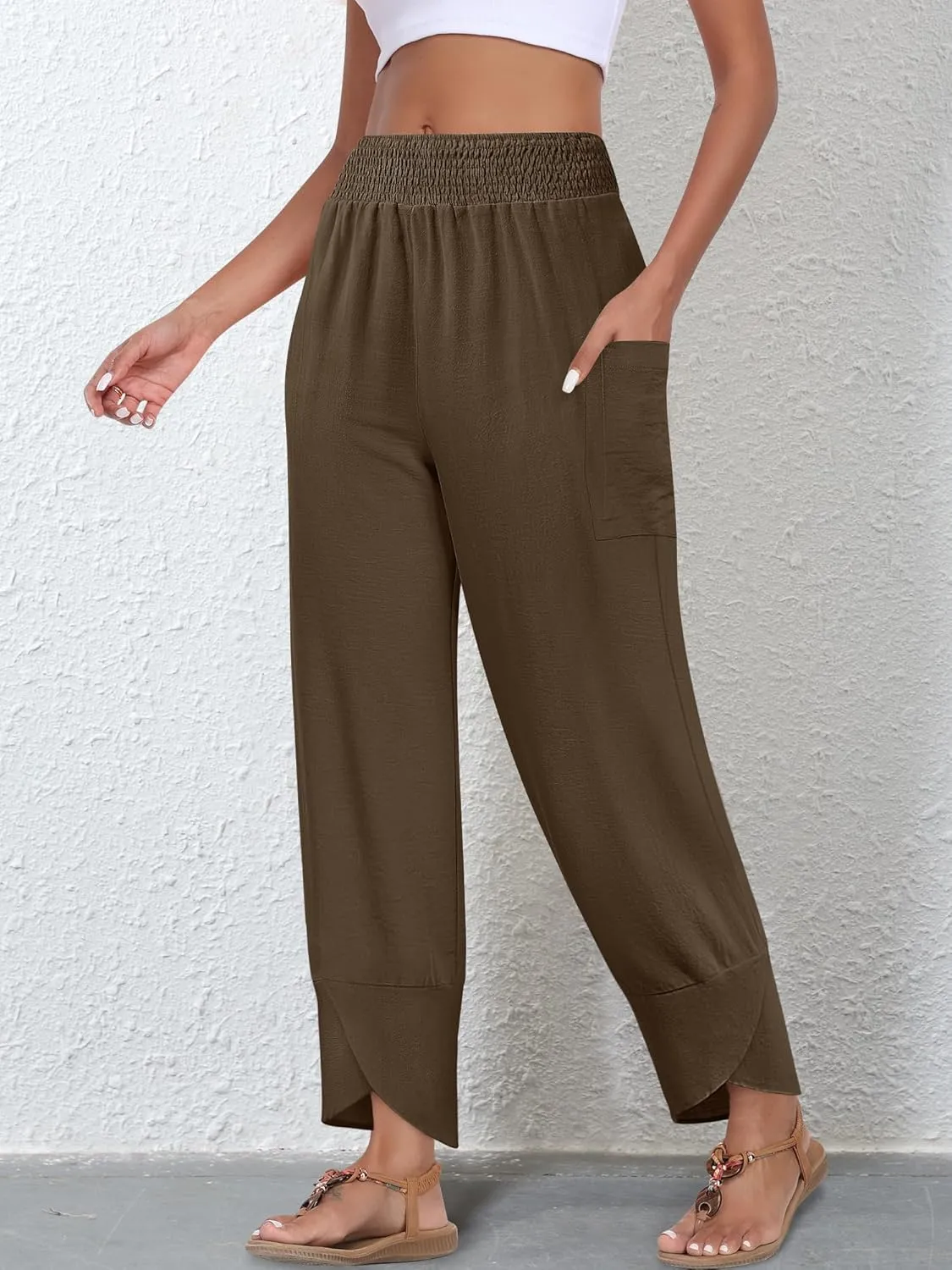 Women's Summer High Waisted Baggy Pants Wide Leg Linen Pants Casual Ankle Length Trouser Slacks with Pockets