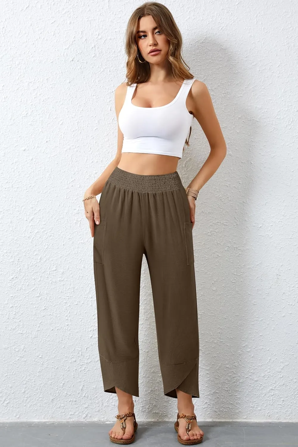 Women's Summer High Waisted Baggy Pants Wide Leg Linen Pants Casual Ankle Length Trouser Slacks with Pockets